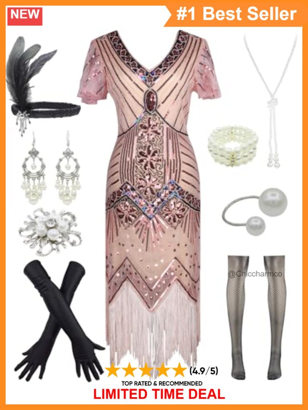 1920s Gatsby Sequin Flapper Fringe Dress with Accessories Set